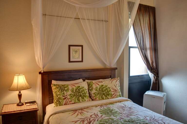 Downstairs bedroom with portable A/C