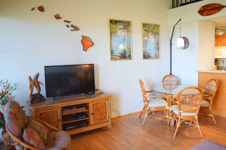 Living area with tropical decor and flat screen tv Living area with tropical decor and flat screen tv
