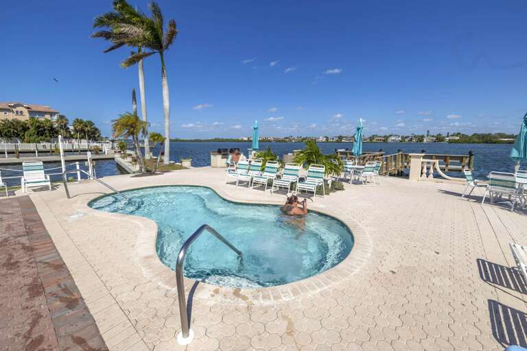 Sunny Scene By Seaside Swimming Pool, Palm Trees And Pier Present