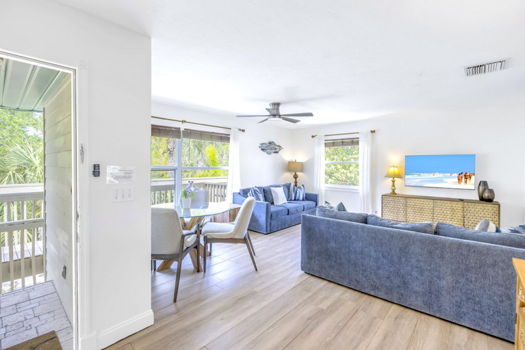 Bright and open living area with coastal charm at The Coral Cabanas, a 2-bedroom retreat in Siesta Key. Bright and open living area with coastal charm at The Coral Cabanas, a 2-bedroom retreat in Siesta Key.