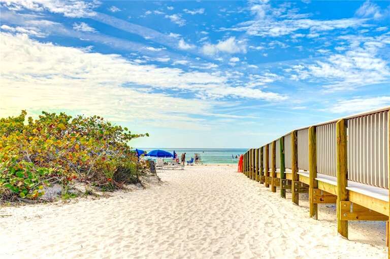 Path To Beach Flanked By Fencing, Sand, Sea Scene