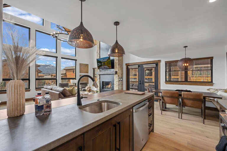 Kitchen looking into living room