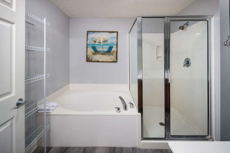 Master bathroom with soaking tub and walk-in shower