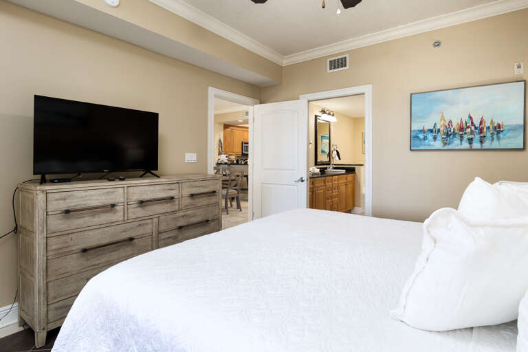 Master bedroom with TV and private bathroom
