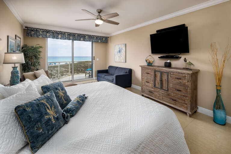 Master bedroom with TV and queen size sleeper sofa