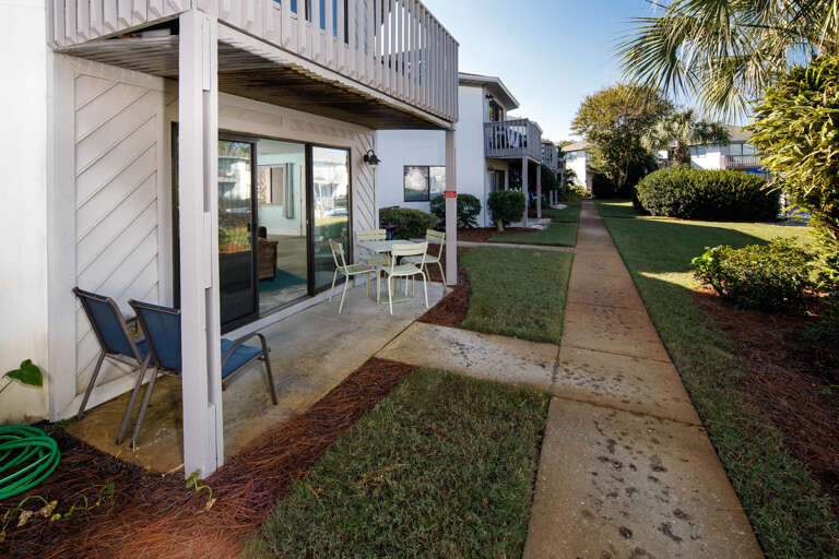 Outside patio and grassy area