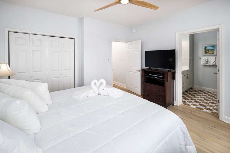 Master bedroom with TV and private bathroom on the first level