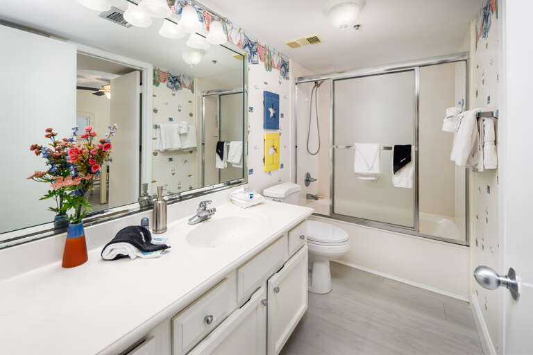 The guest bathroom has a detachable shower head