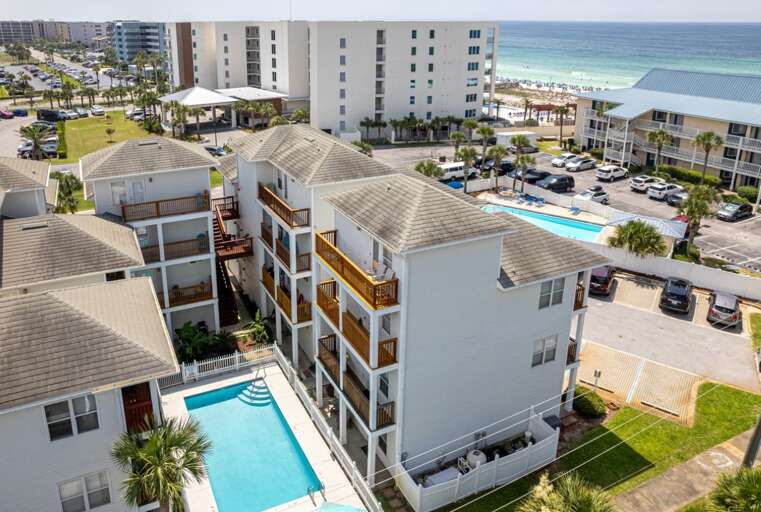 Sunset Cottages ariel view with courtyard pool