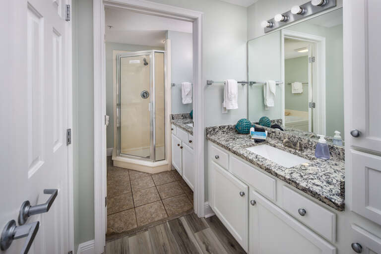 Private master bathroom with dressing area and walk-in closet