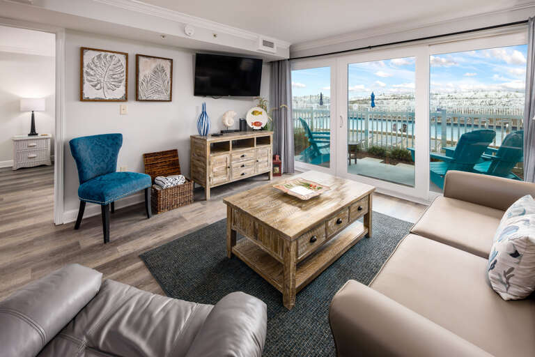 Living room with great pool views