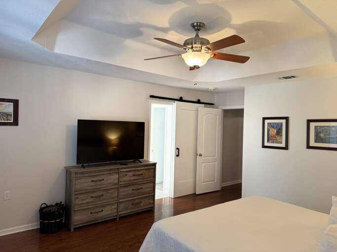 Master bedroom with TV and private bathroom