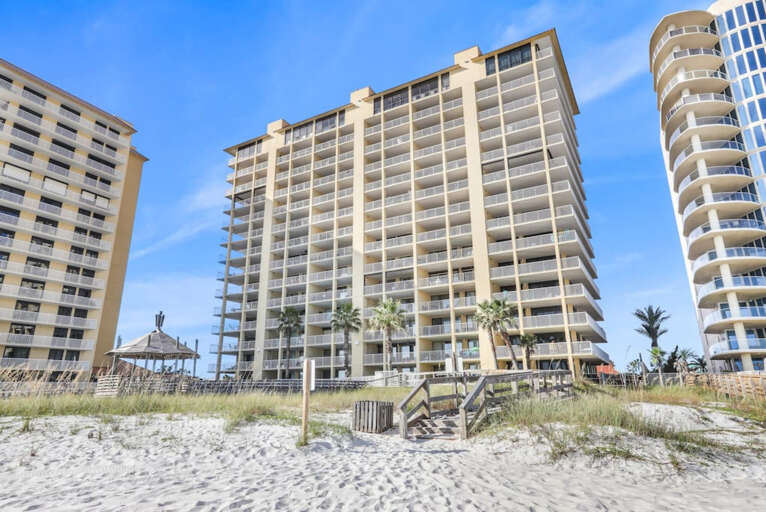 View of building from the beach