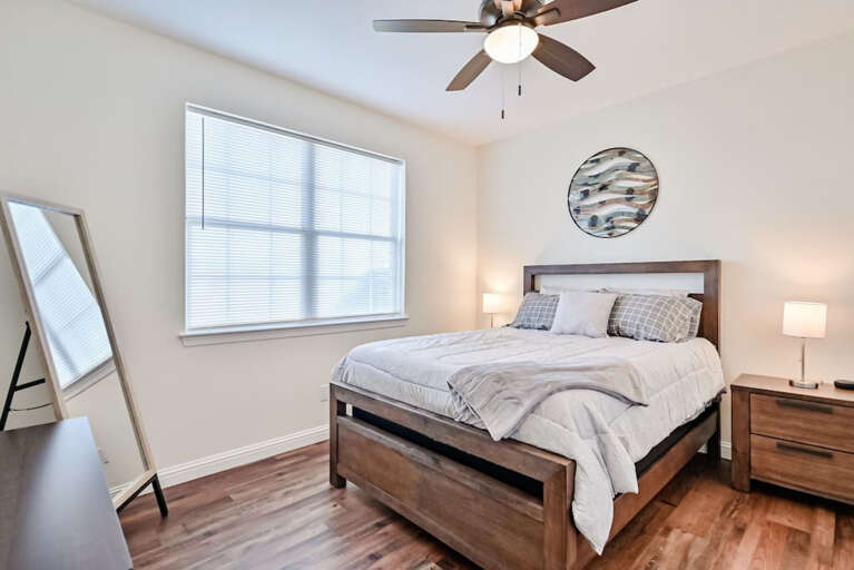 Upstairs bedroom with queen bed, USB port lamps on each nightstand