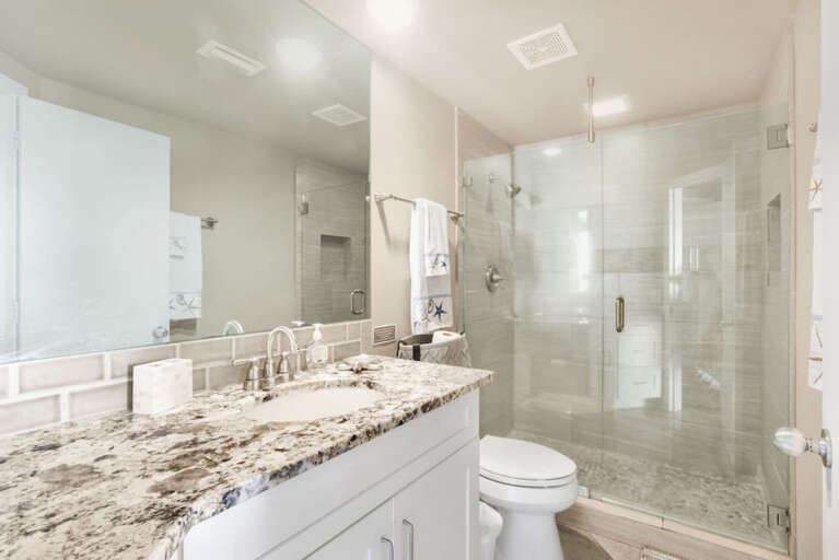 Master en-suite bathroom with updated glass shower, and counters with plenty of space for all you bring Master en-suite bathroom with updated glass shower, and counters with plenty of space for all you bring