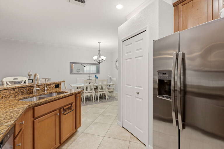 A French-door refrigerator and large pantry keep groceries organized for longer stays.