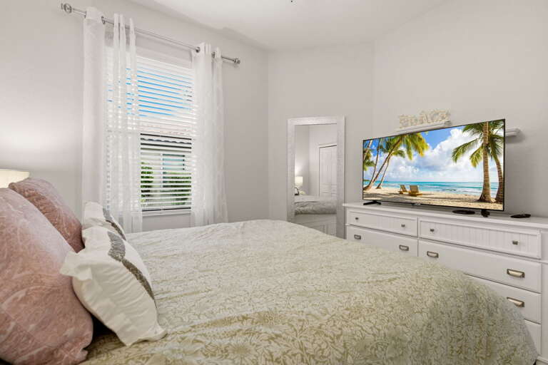 A TV and storage space round out a comfortable second bedroom.