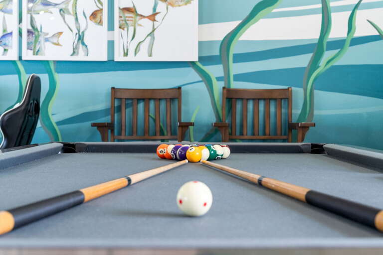 Balls racked, cue sticks ready — your pool table is always set up. Walk in and start playing whenever the mood hits.