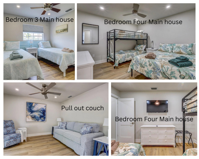 Bedrooms 3 and 4 in your main house — bunk beds, pull-out couch, dresser. Set up for however your group arranges itself.