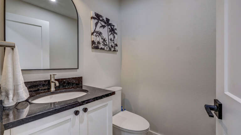 Dark granite vanity, arched mirror — one of your half baths keeping traffic moving when all 23 are getting ready to head out at once.