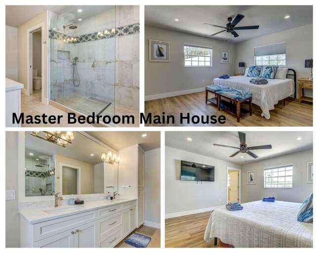 Your guest house master suite — king bed, TV, double-vanity bathroom with walk-in shower. A proper suite, not a compromise.