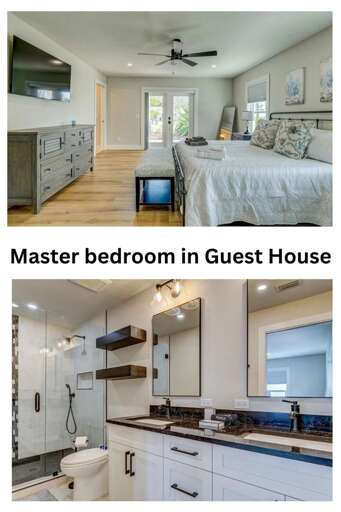 Your main house master suite — king bed, private bathroom, walk-in shower. This is your retreat from the group when you need a moment.