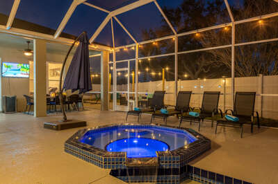 Soak in the heated pool after dark — underwater lighting turns every evening into a resort moment