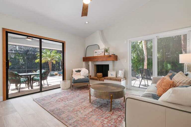 Open the sliding doors from your fireside seat and let the patio air drift right in with you.