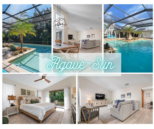 Take in the quick preview of everything waiting for you here: pool, table, and bed all in one glance.