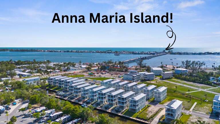 Aerial context showing Anna Maria Island just one mile away — close enough to see clearly, far enough that your neighborhood stays quiet.