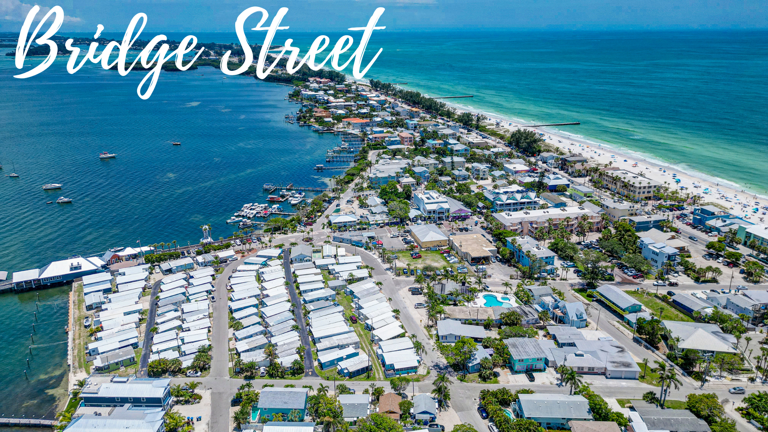 Bridge Street aerial showing the coastal neighborhood layout — the beach town walkability is real and this view puts it in perspective.