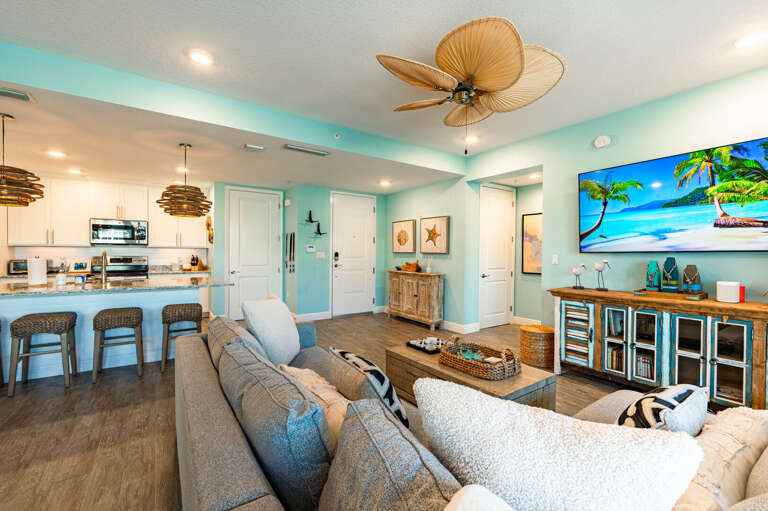 Claim your spot in the open living area — the whole group stays connected whether you're cooking, watching TV, or just winding down.