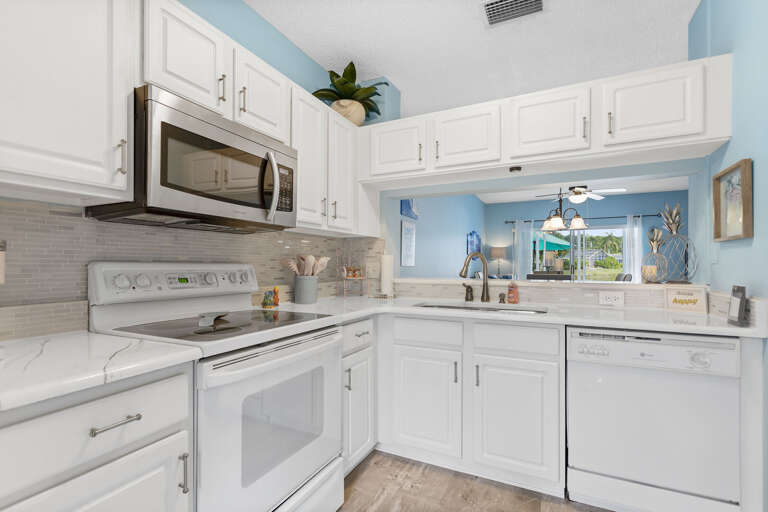 Cook on marble-style counters with plenty of space — there's room for multiple chefs at once.