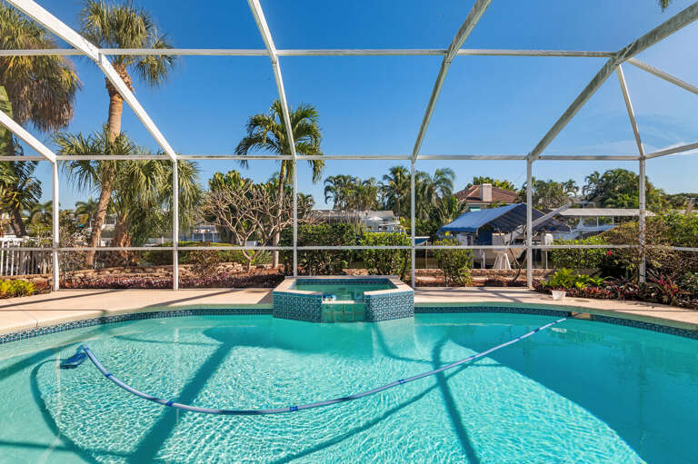Take in the full sweep of your pool — crystal-clear water, and tropical palms framing the far end of the enclosure.