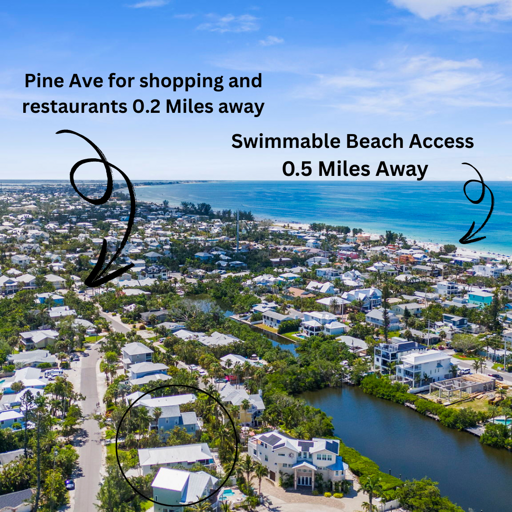 Your orientation map — Pine Ave shopping 0.2 mi away, swimmable beach access just 0.5 mi from the front door.