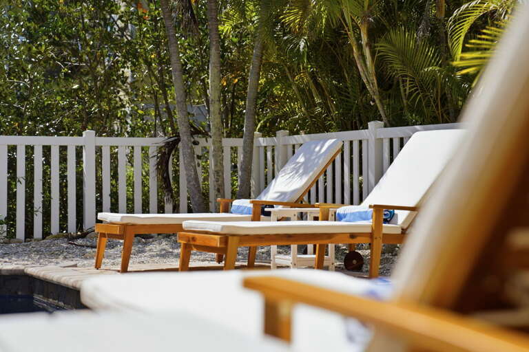 Pick your lounge chair at the pool edge — teak wood, tropical greenery framing the deck, and nothing on the agenda.