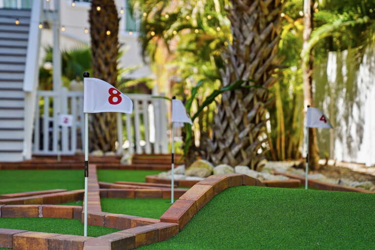 Sink the final putt on hole 8 — the flag is in, the green is immaculate, and palm trees make the perfect backdrop.