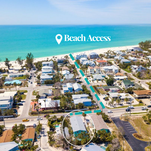 Aerial map showing your walking route to the beach — 200 steps is the claim, and this annotated drone shot proves it.