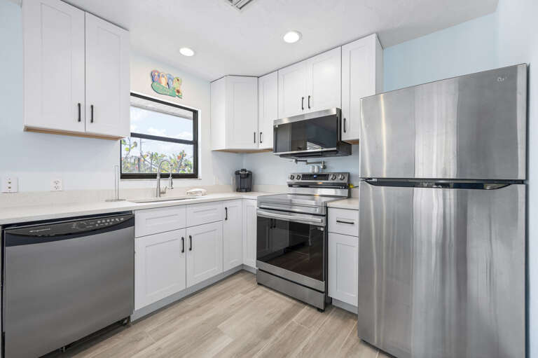 Get familiar with your kitchen from this angle — fridge, range, and microwave in clear view. More than enough for a week of meals.