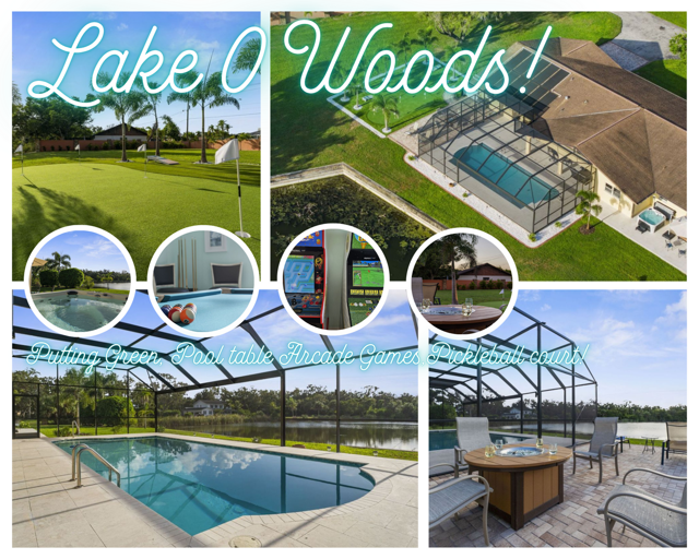Your Lake O Woods welcome card — pool, putting green, fire pit, and lake all on one page so guests see the whole weekend at a glance.