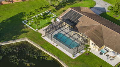 Spot how the layout works from the air — an acre of space to enjoy and call your own during the stay