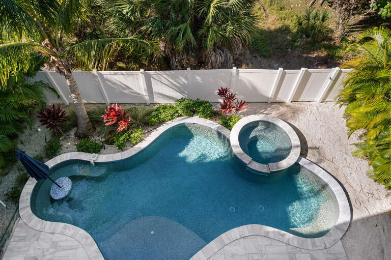 Picture the whole pool and spa laid out below you — curved edges, tropical cover on every side, and total privacy behind that fence line.
