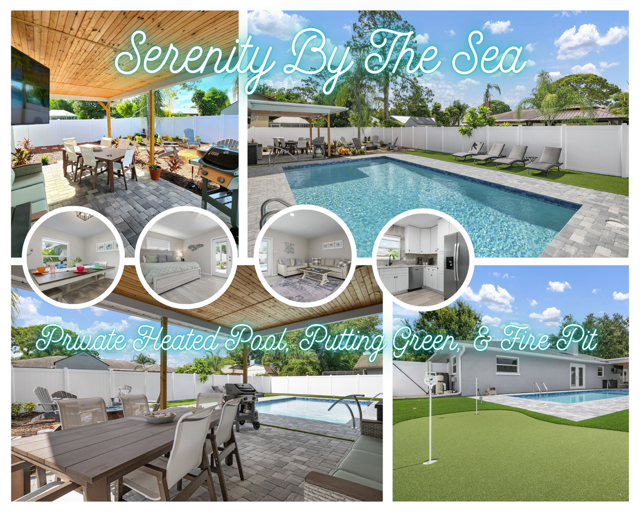 Your full retreat at a glance — pool, covered patio, putting green, and spaces designed for the whole group.