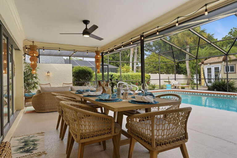 Lunch at the covered table, afternoon in the pool, back for dinner — you never have to leave this ten-foot radius.
