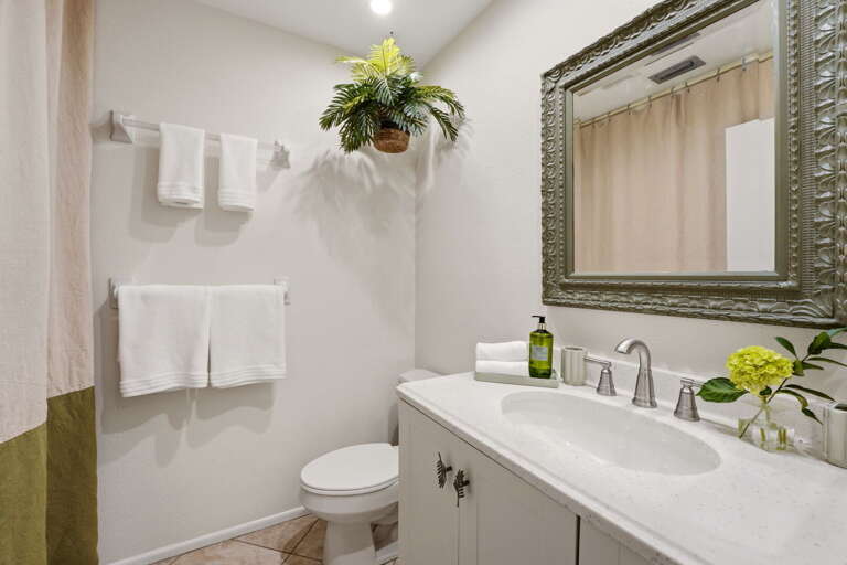 Silver-framed mirror, a full tub and shower behind the linen curtain, and a hanging plant finishing the look. The shared bathroom earns its keep.