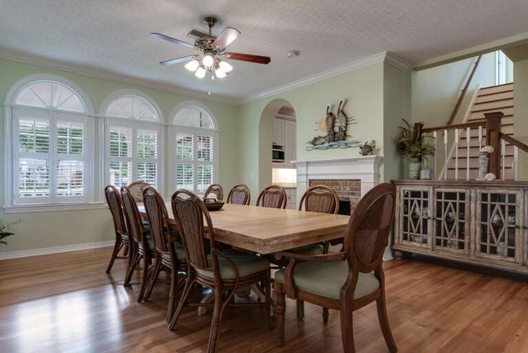 Seat all ten at once and still have room for the kids' table — this is where the whole group actually sits down together.