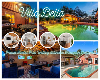 Your stay at Villa Bella: 4 bedrooms, private pool, outdoor bar and cabana. Everything in this collage is yours for the week.