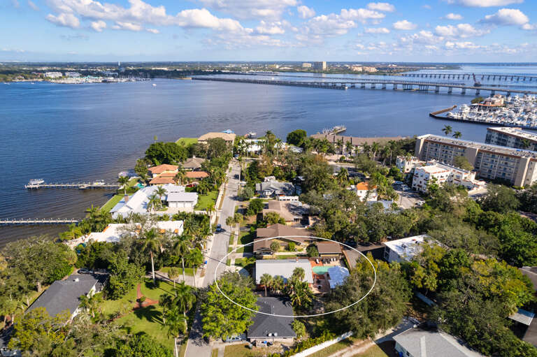 Walk from here to the Riverwalk — the bridge and the waterway are closer than you expect once you see this aerial.