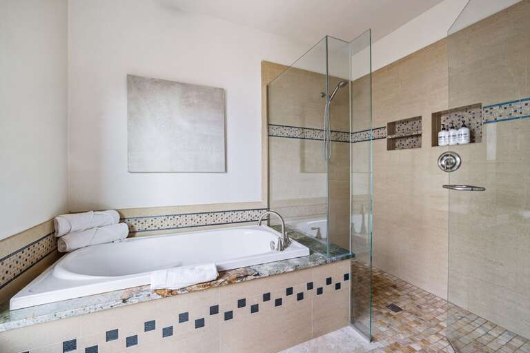 Master bathroom offers a bathtub and walk-in shower.