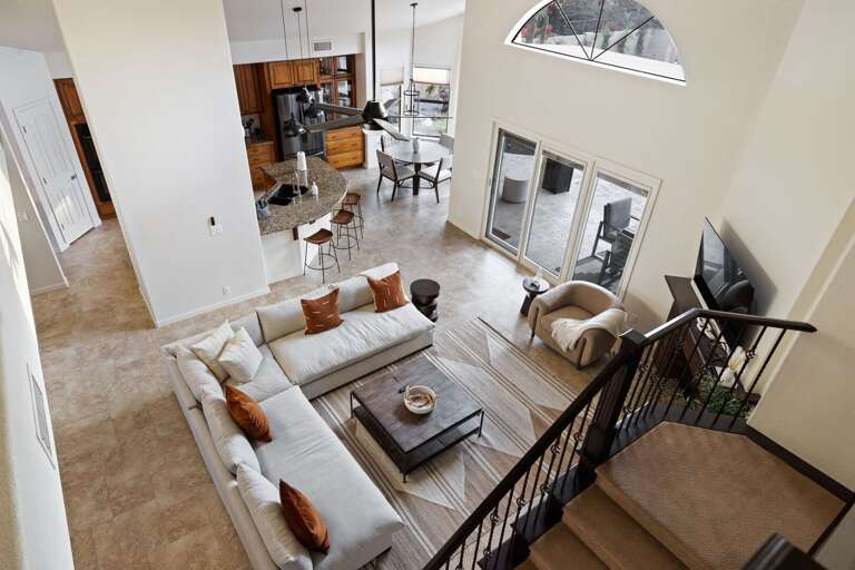 Overview of the living room, kitchen and dining area.